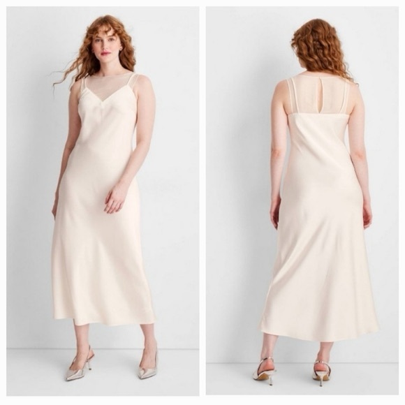 Future Collective Dresses & Skirts - Future Collective Ivory Slip Dress Mesh Overlay Midi Dress Size XXL NWT